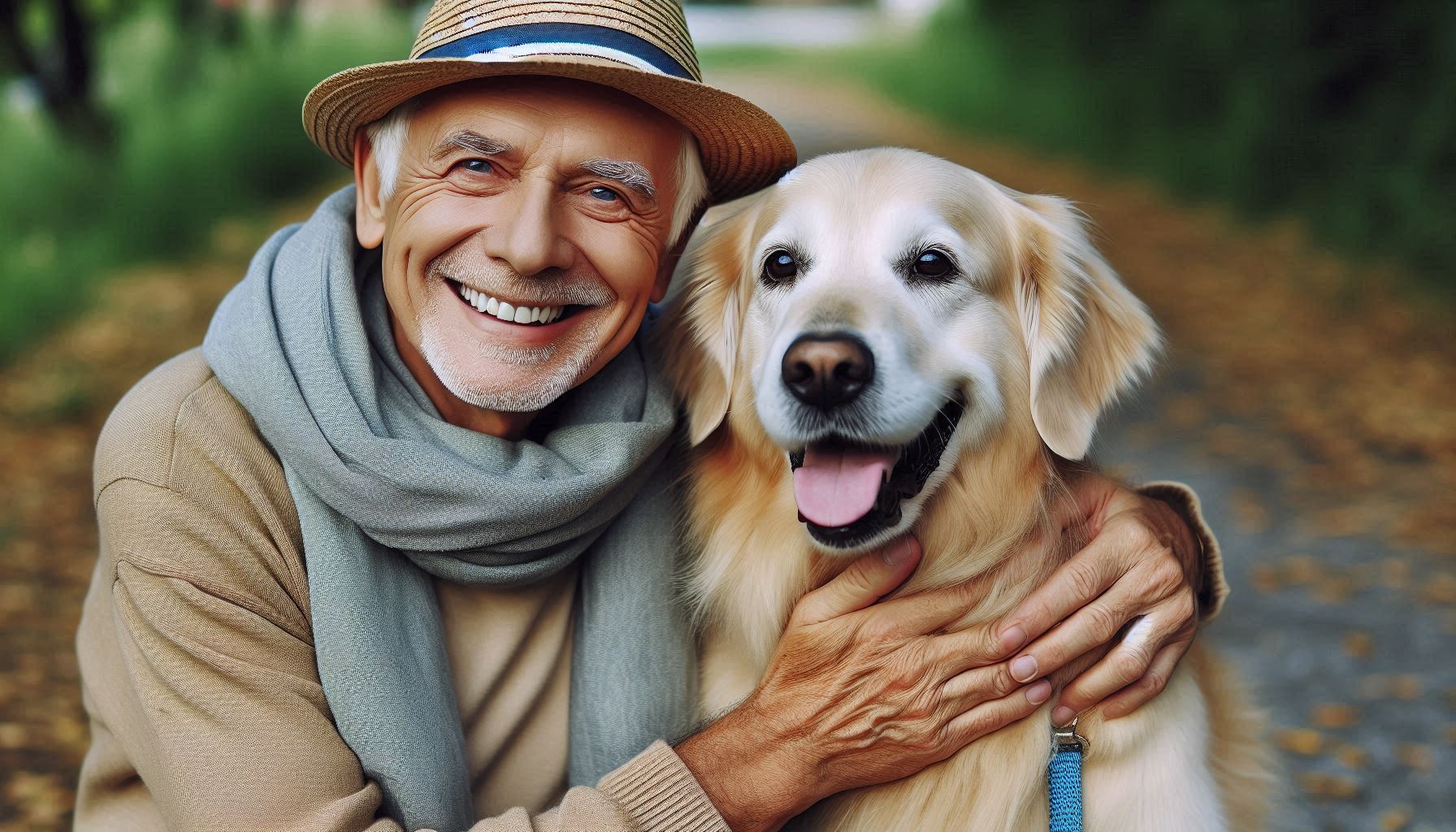 Imagen de persona mayor feliz con un perro